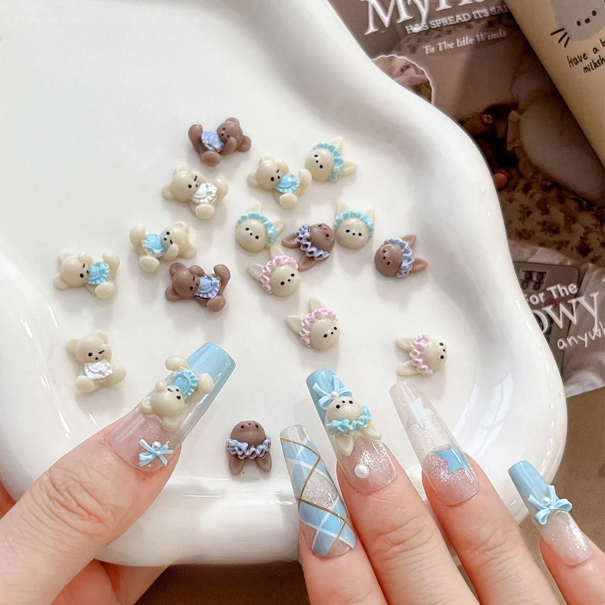 60Pcs Apron Bear Cartoon Nail Charms Cute 3D Cream Bear Resin Rhinestones DIY Press On Nails Manicure Decor Supplies