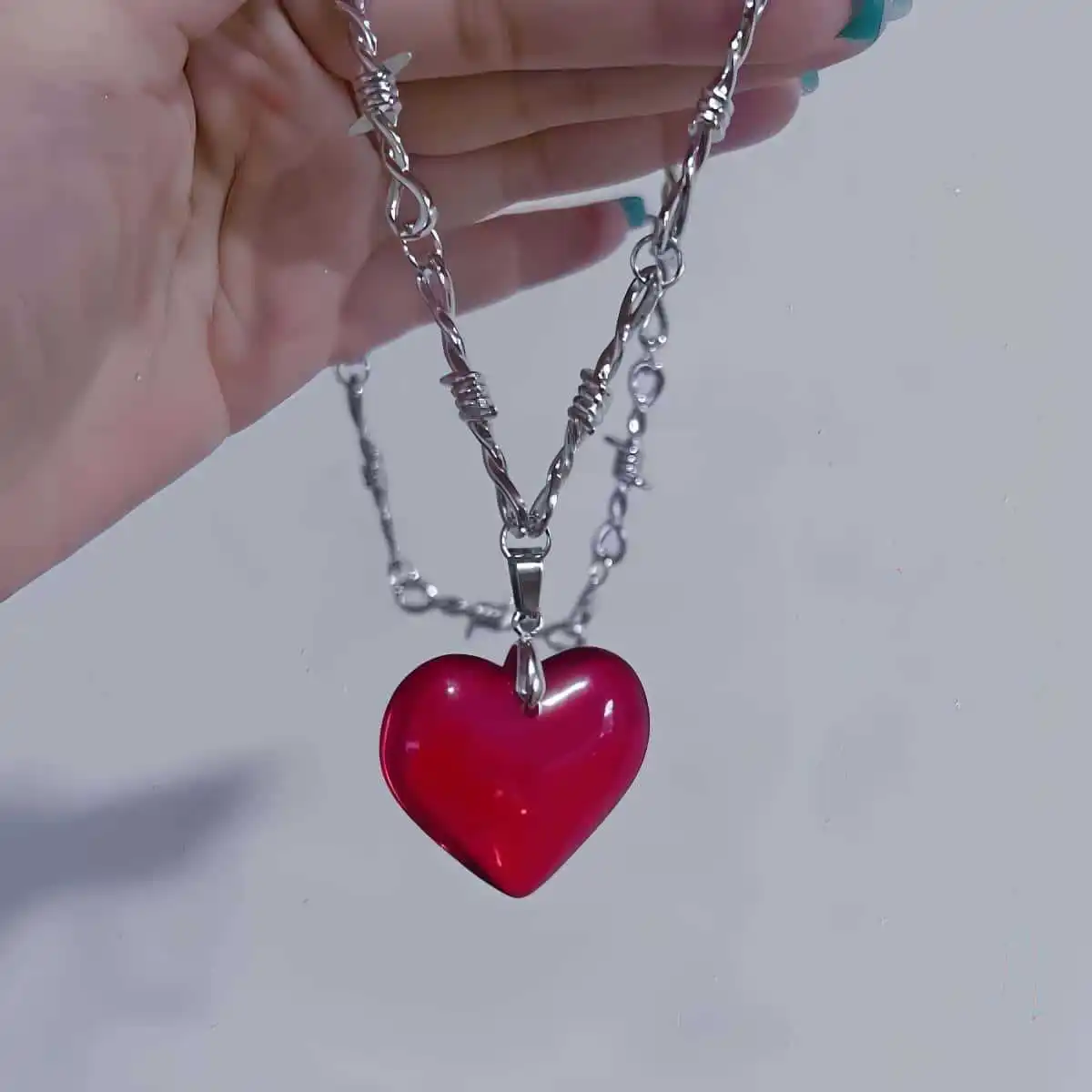 Large Red Heart Pendant Necklace With Barbed Strand Link Chain Necklace