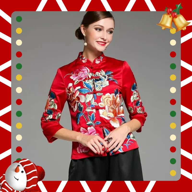 

Ethnic Vintage Tradition Embroider Peony Tang Suit Tops 2025 New Female Jacket Loose Satin Coat Elegant Chinese New Year Clothes