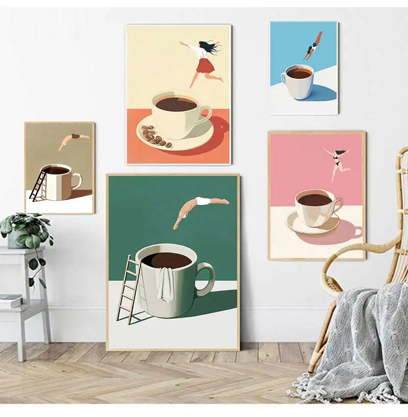 Good Morning Coffee Diver Poster Retro Funny Minimalist Food Espresso Lover Canvas Painting Wall Art  Home Room Decor