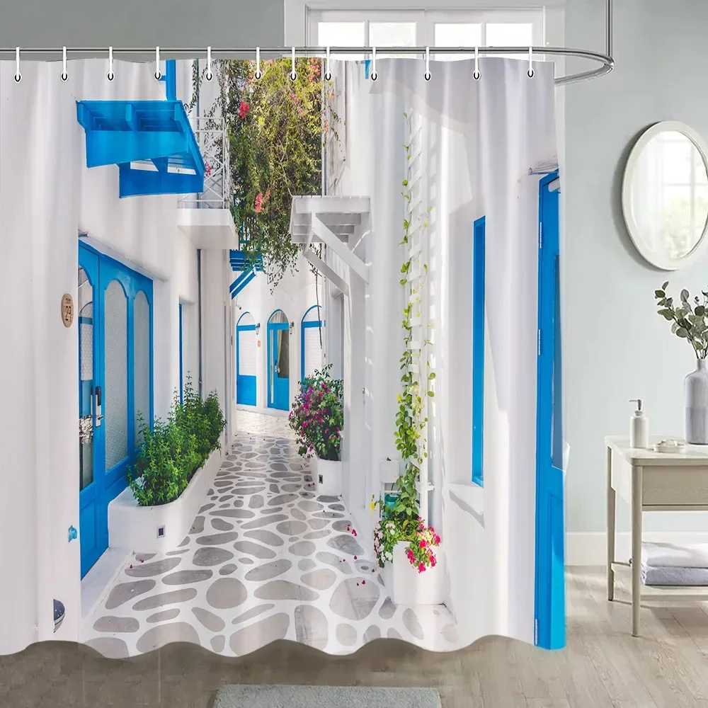 Greek Street Shower Curtains Natural Flowers Plant Blue Door Window White Architecture Modern Garden Wall Hanging Bathroom Decor