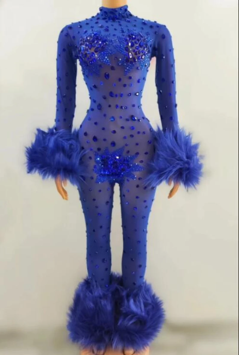 New Singer Rhinestones Jumpsuit Nightclub Bar Gogo Dance Clothing Multi Colors Stretch Bodysuit Drag Queen Costume