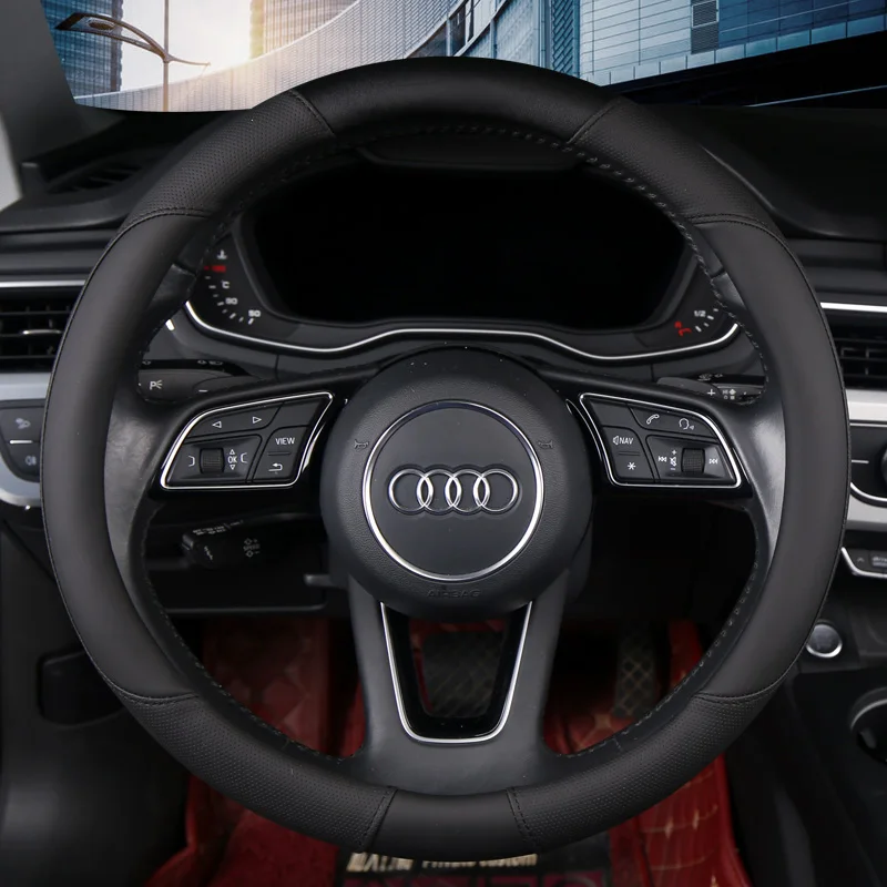 Punched Leather Car Steering Wheel Cover Universal Fit for 14 .5-15 Inch Durable Leather Cover Univeral for All Seasons