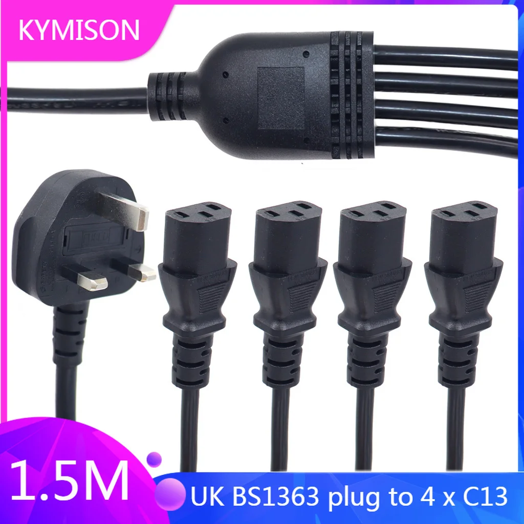 UK BS1363 Male to 4 x C13 Female Adapter Splitter Power Extension Cable for computer PDU UPS AC power cord 1.5m