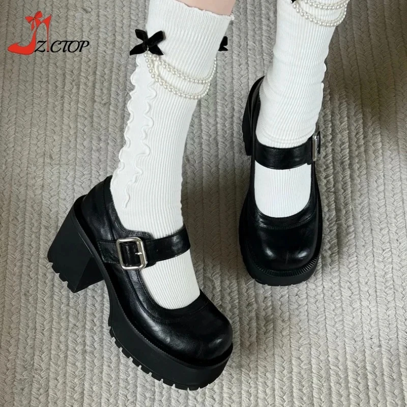 

Массивные женские туфли-лодочки на платформе и высоком каблуке, туфли Мэри Джейн с круглым носком, весна-осень, черные кожаные туфли в стиле ретро в стиле Лолиты для косплея Y2k