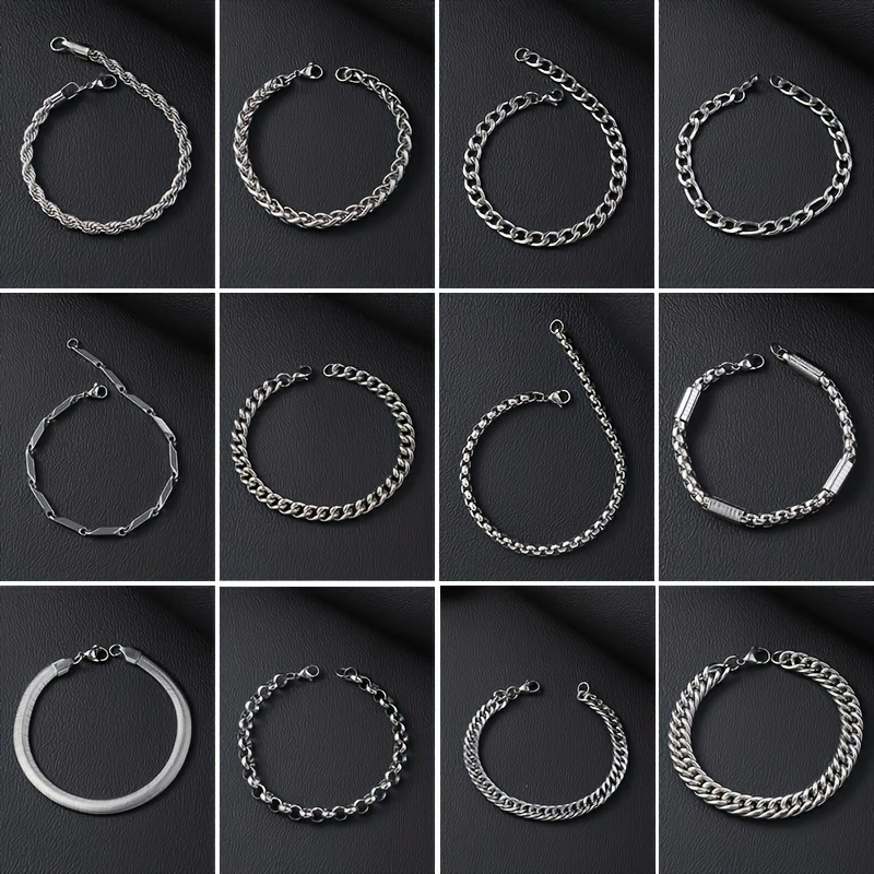 12-Piece Set of Hip-Hop Style Stainless Steel Cuban Chain Bracelets, Suitable for Daily Wear and as a Great Gift