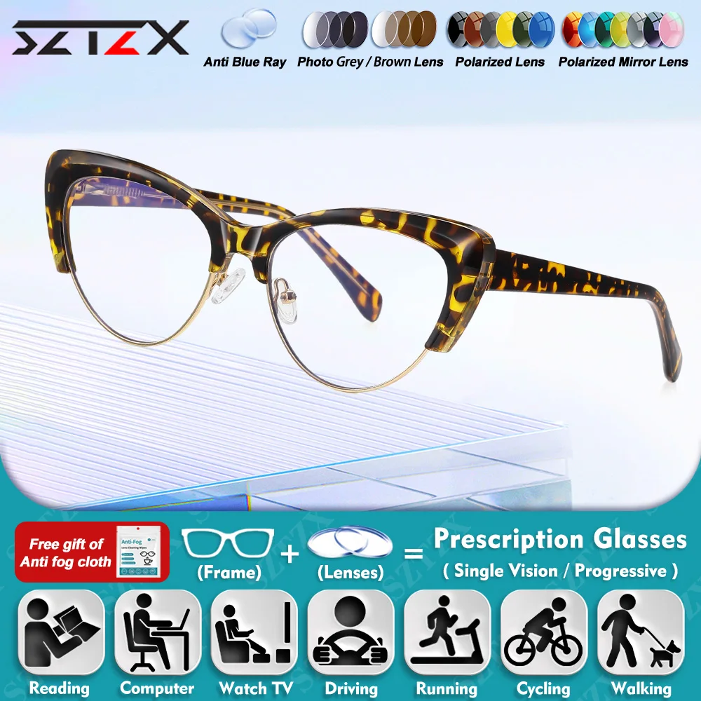 

SZTZX Trendy Cat Eye Photochromic Prescription Myopia Glasses High Quality Blue Light Blocking Progressive Reading Eyeware Women