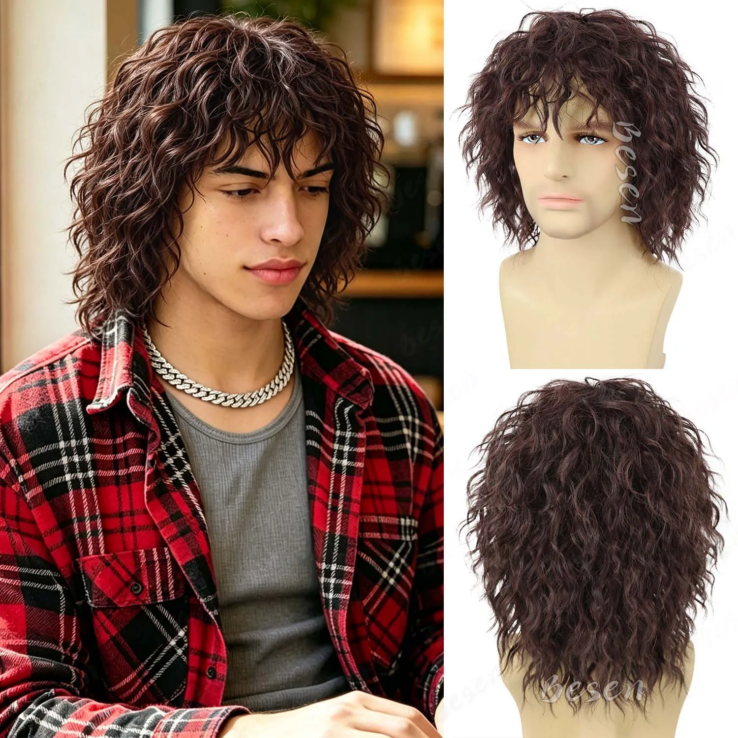 

Synthetic Black|Brown Men Curly Wig Short Middle Part Heat Resistant Funny Crazy Male Wigs for Cosplay Halloween Party