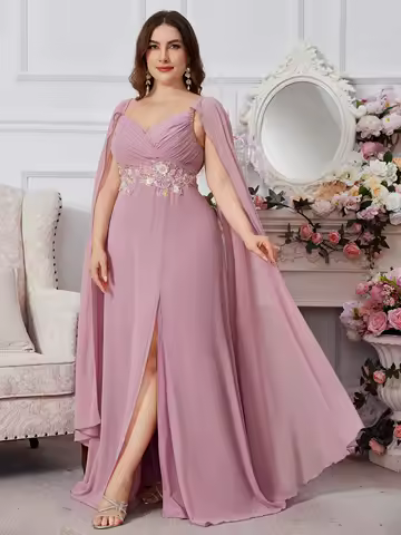 UNITHORSE Plus Size V-Neck Embroidered Waist Decoration Pleated Front Long Draped Sleeve Chiffon Evening Dress Skirt