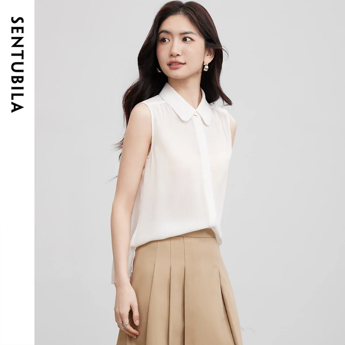 

SENTUBILA Women's White Shirt Summer 2025 Pleated Sleeveless Breathable Chiffon Blouse Turn-Down Collar Commut Tops 152CA0076