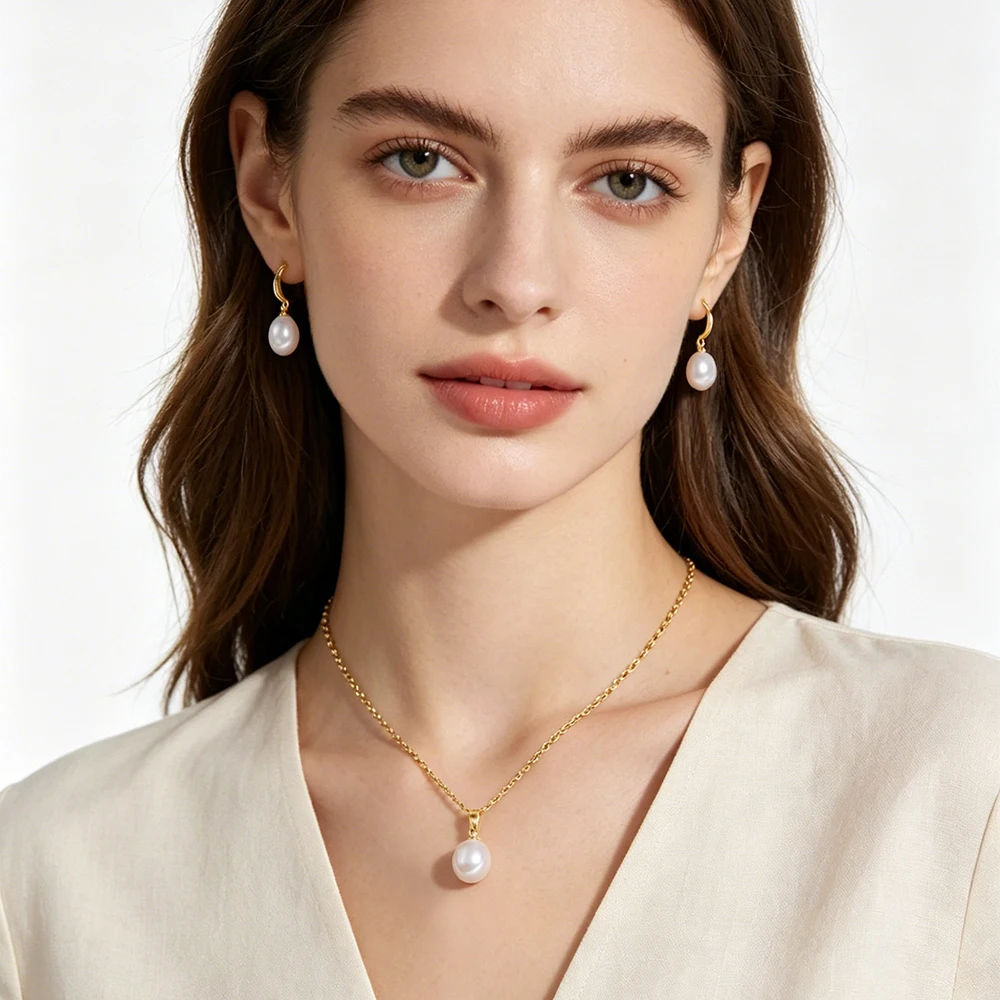 Real Natural Freshwater Pearl Necklace and Earring Set Woman,18k Gold Pendant and Earring 925 Silver Chain Wife Mother Gift