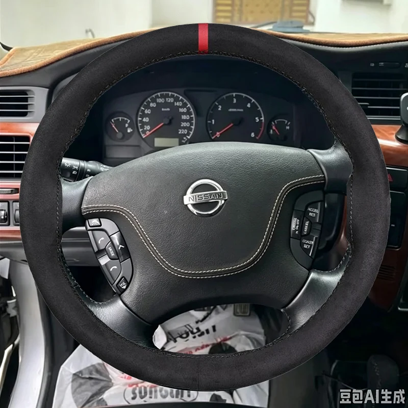 For Nissan Patrol Y61 Customized Hole-punch Wear-resistant Car Steering Wheel Cover  Black Genuine Leather