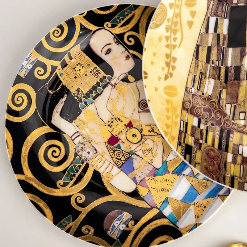 Klimt Kiss-Oil Painting Art Decorative Plate, Wall Hanging Plates, Porcelain Fruit Dessert Dining Plate,Home Decoration, 8-inch - view 4