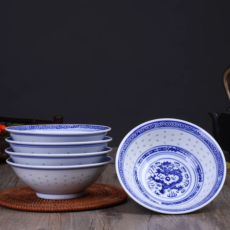 6 Inch Chinese Blue and White Porcelain Ramen Bowl Jingdezhen Ceramic Rice Bowls Vintage Noodle Bowl Tableware Fruit Salad Bowls