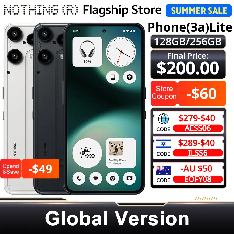 هاتف ناثينج (3a) لايت 5G NFC بشاشة 6.77 بوصة مرنة AMOLED، 120Hz، معالج MTK Dimensity 7300 Pro 5G، كاميرا 50MP+16MP، بطارية 5000mAh/33W، إصدار عالمي