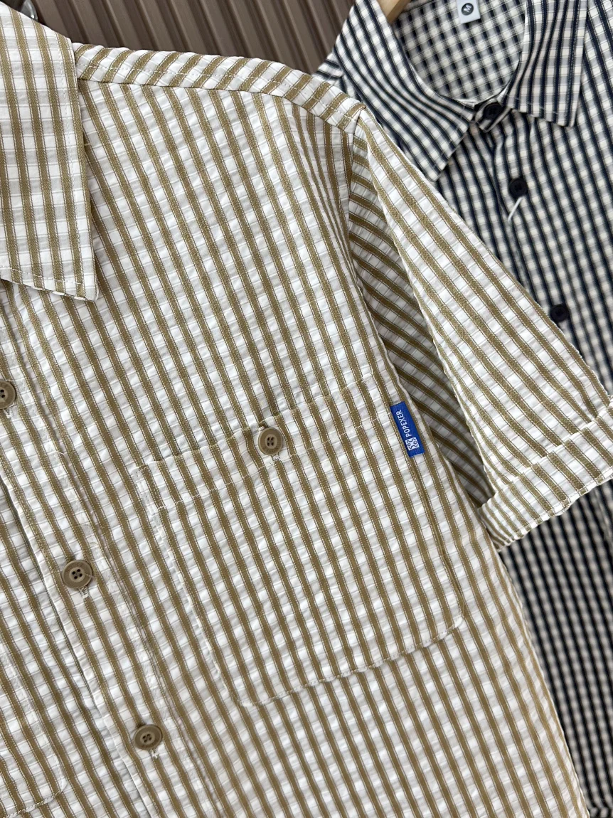 American Plaid Short Sleeve Casual Shirt Men's Loose Fit Breathable Double Pocket Shirt Polyester Summer 2026 Regular Length