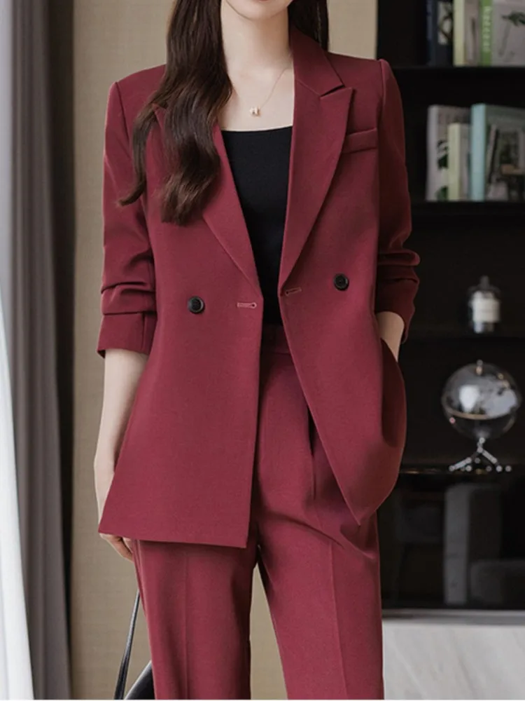 Korean Fashion Elegant Solid Women Blazer Pantsuit Casual Vintage Chic Suit Jackets Straight Pants 2 Pieces Set Female Outfits