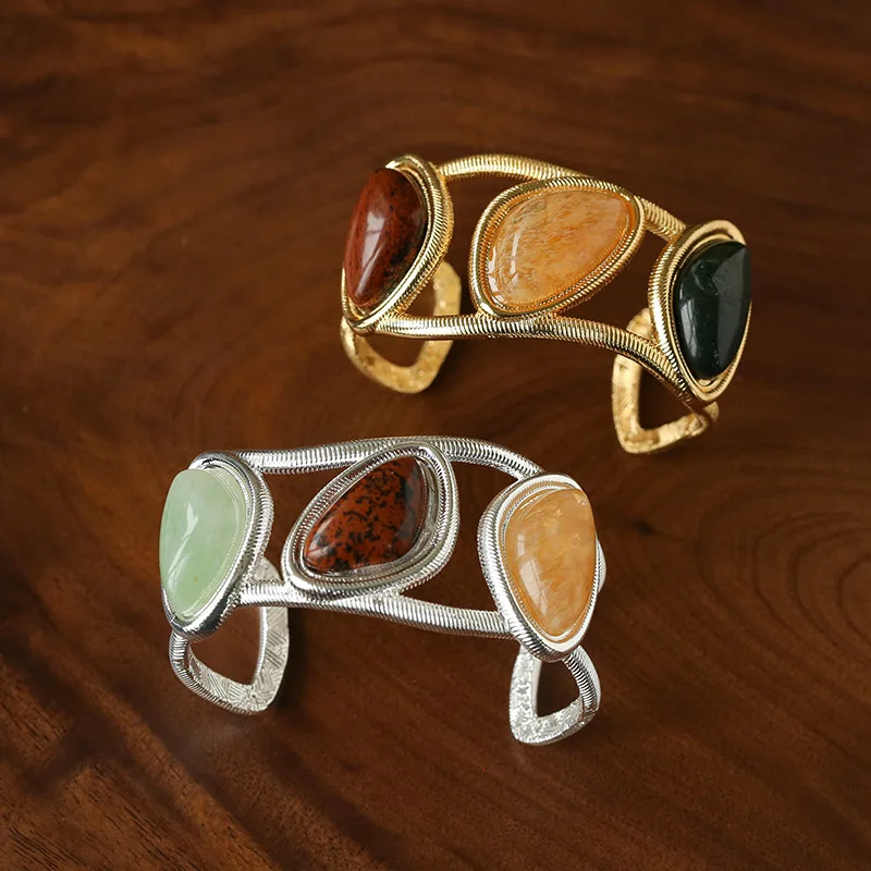 18K Gold Plated Open Cuff Bracelet Irregular Natural Stone Inlay Vintage French Geometric Wide Bangle Vacation Statement Jewelry
