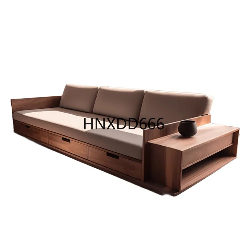 

New Chinese-style North American black walnut fabric sofa living room large straight-row sofa