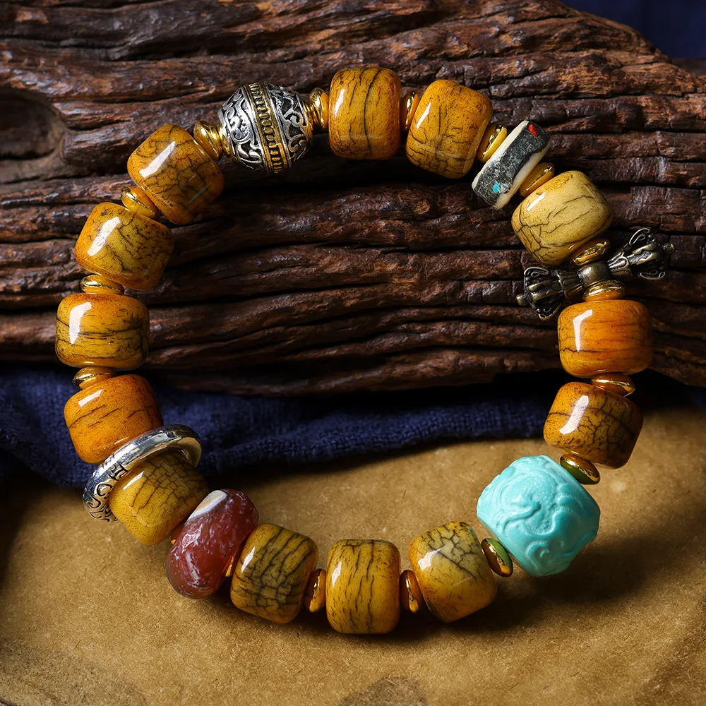 

Tibetan Style Ox Bone Cracked Barrel Bead Bracelet Turquoise Prayer Beads Unisex Ethnic Personality Jewelry