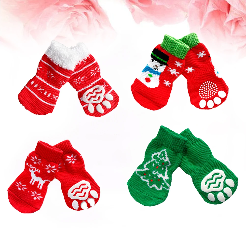 

4Pair Christmas Warm Cotton Pet Socks Non-Slip Anti-Scratch Paw Protectors Dog Cat Snowman Snowflake Deer Tree