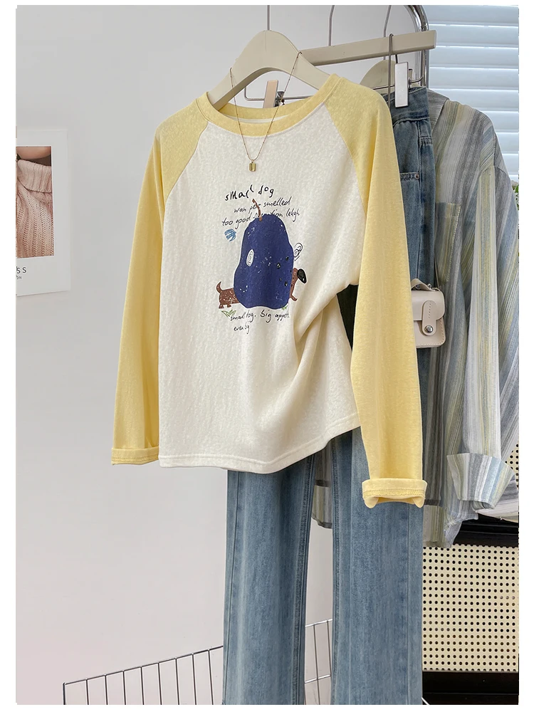 Early Autumn Loose Fit Long Sleeve T-Shirt Color Block Shoulder Insert Design Thin Cotton Casual Top Fun Pear Print