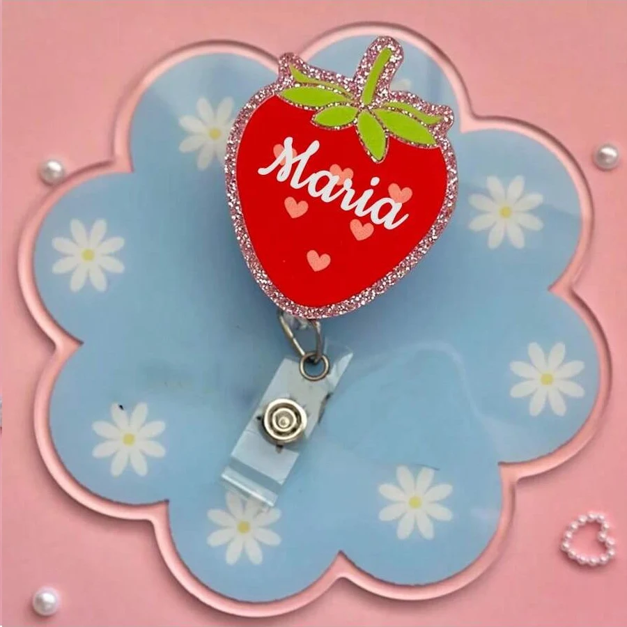 Personalized badges, customized text， Strawberry Badge Reel Retractable ID badge reel, Work badge reel, Badge Reel Nurse, coquet