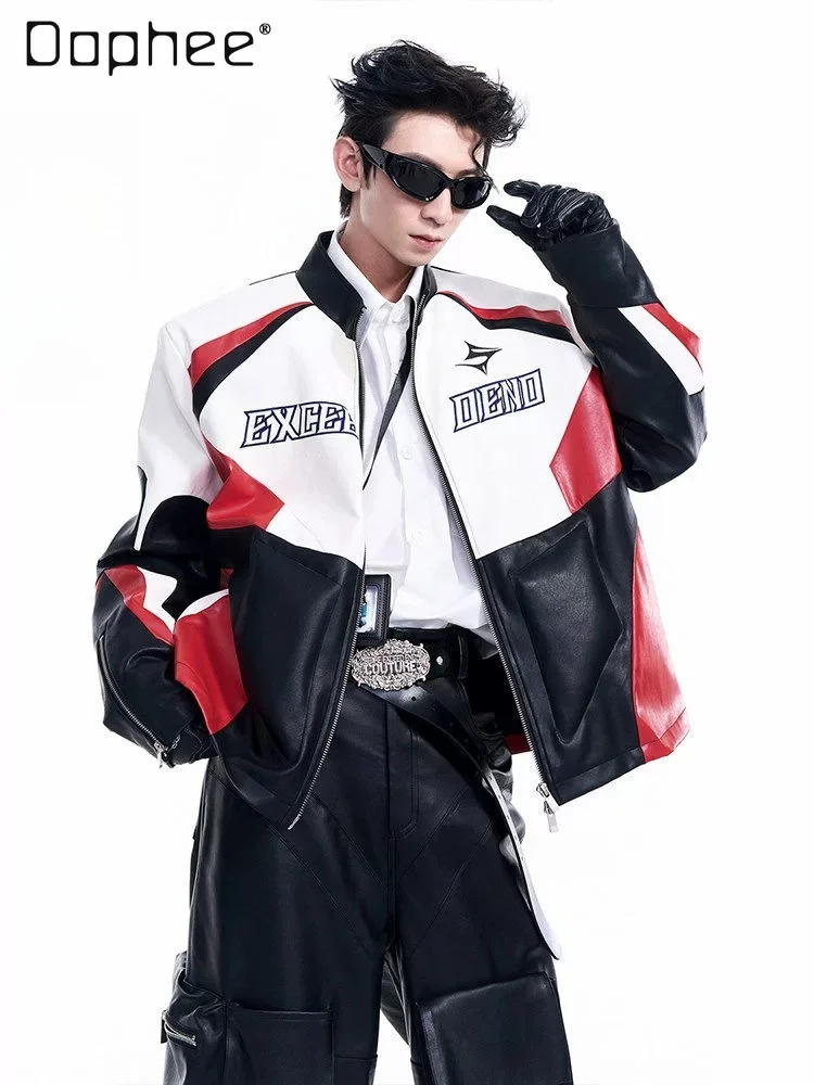 2026 Spring Autumn Y2K Biker Style Men Red Blue PU Leather Jacket Stand Collar Zip Up Motorcycle Jacket Daily Streetwear