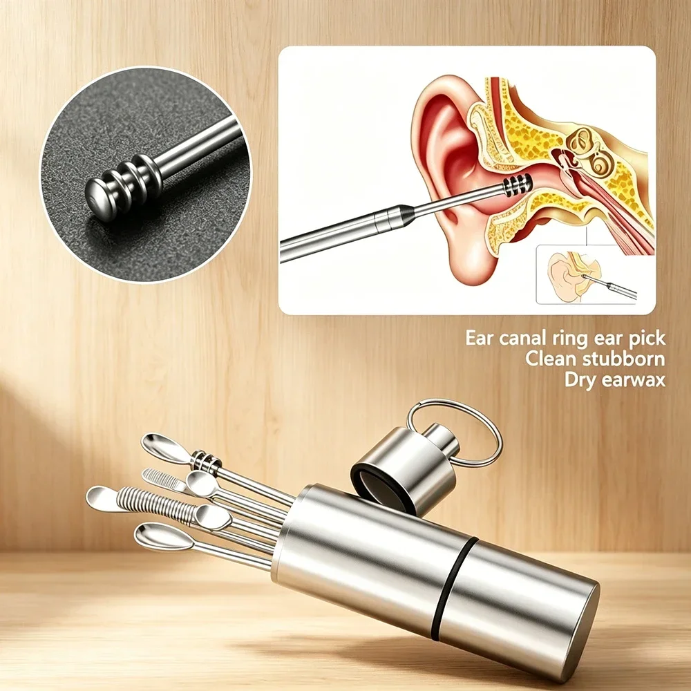 6Pcs Ear Wax Remover Set Stainless Steel, Reusable Ear Curette Spoon, Professional Daily Ear Cleaning Care Tools