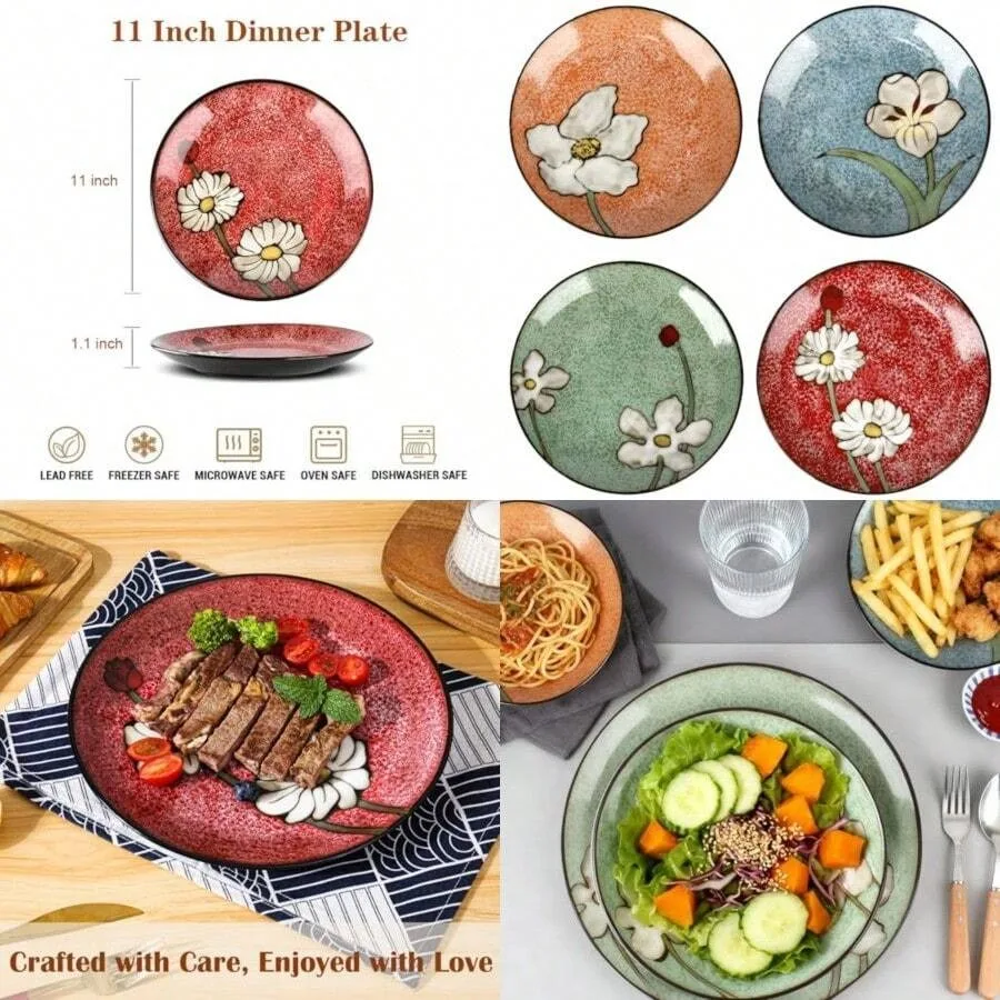 

Ceramic Dinner Plates Set Of 4 11 Inch Underglaze Painting Large Porcelain Plates Salad Plates-Microwave Oven And Dishwasher Sc