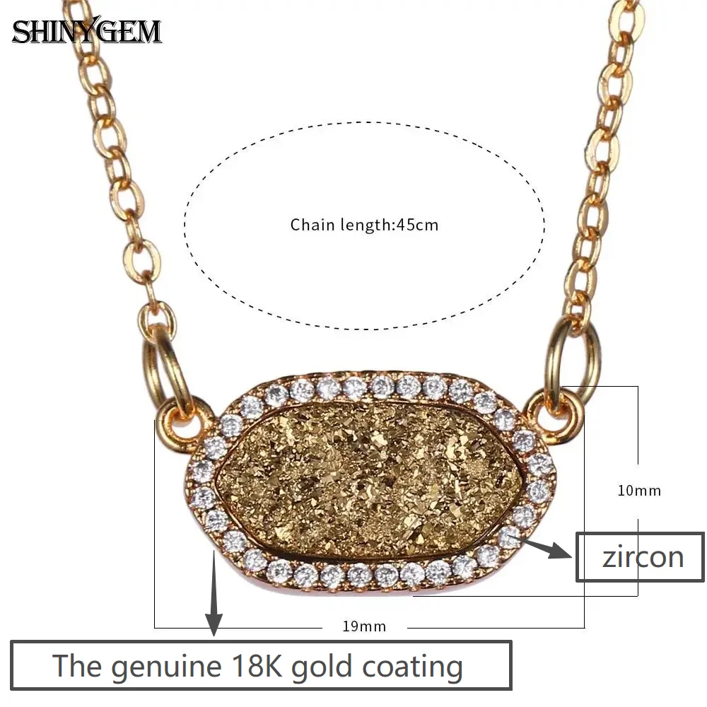 

ShinyGem Natural Druzy Stone Plated with Genuine 18K Gold Blue Crystal Tooth Sparkling Healing Zircon Gemstone Pendant Necklaces