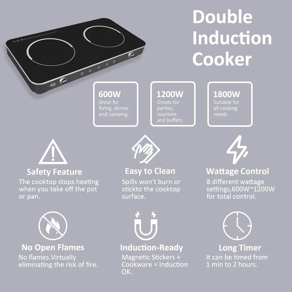 Electric Induction Cooker, 1800W Sensor Touch Hot Plate, 8 Power 8 Temperature Set Countertop Burner, Double Induction Cooktop