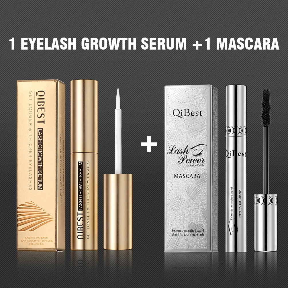 QIBEST Eyes Makeup Set Eyebrow Eyelash Growth Oil And Black Mascara 4D Longer Thicker Long Lasting Eyelashes Enhancer Makeup Kit