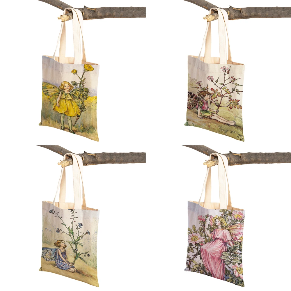 Both Print Cartoon Flower Girl Shopping Bag for Women Child Reusable Casual Fairy Tale World Elves Canvas Tote Shoulder Handbag