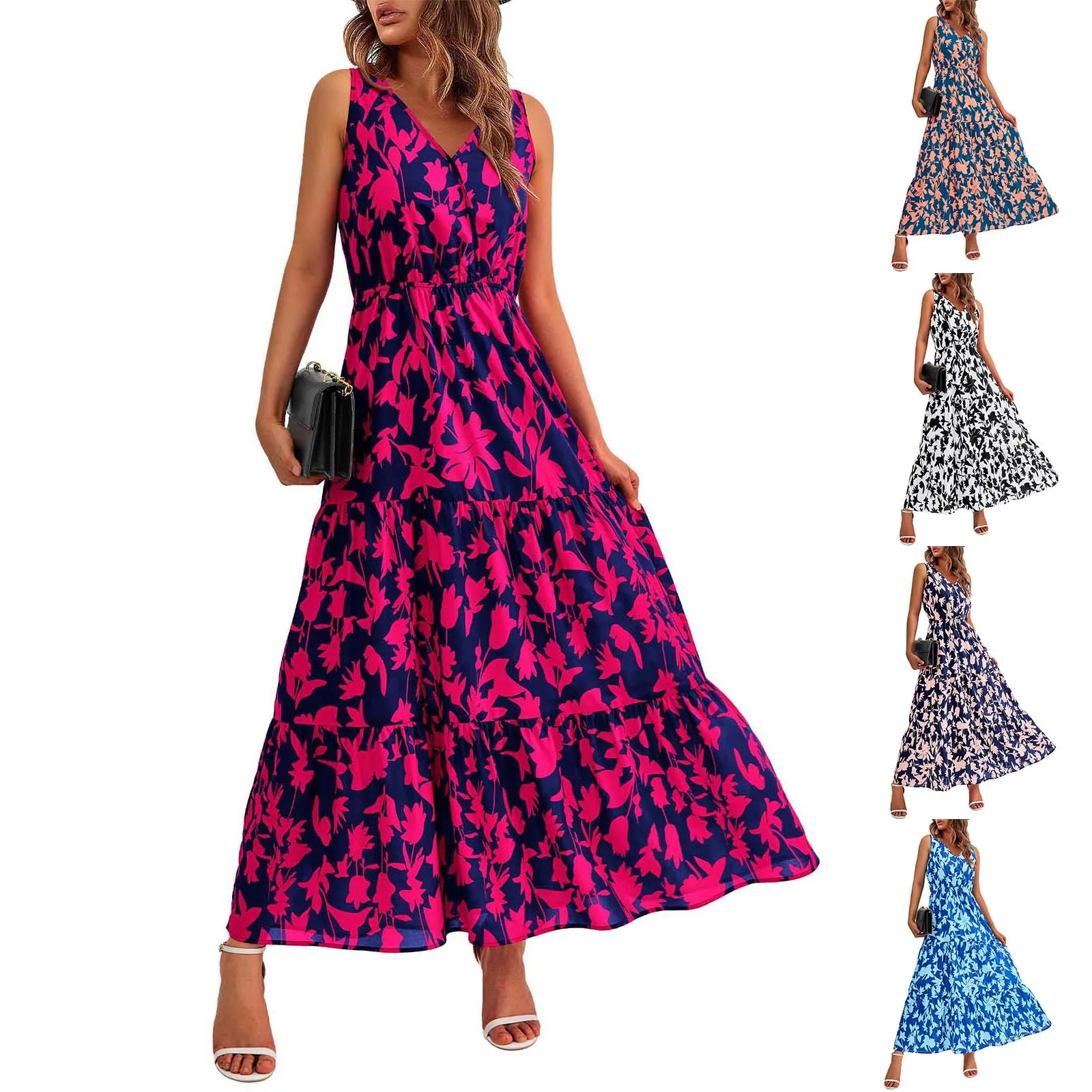 Women'S Flowing Dresses Summer New Casual Resorts Style Long Dresses Daily Date Sweet Floral V-Neck Comfy All-Match Tank Dress