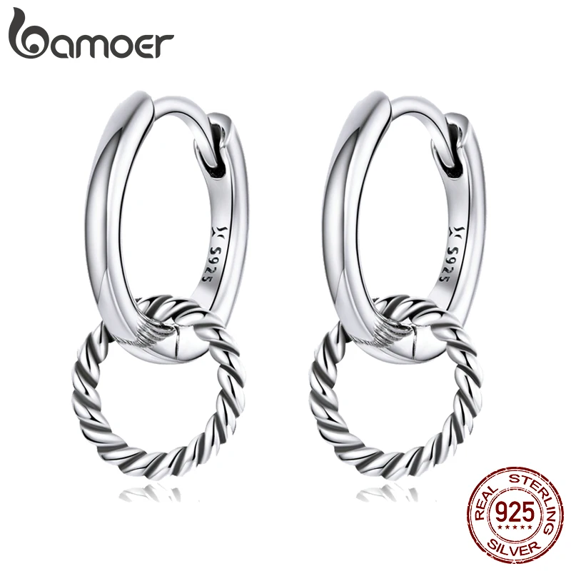 Bamoer 925 Sterling Silver Vintage Double Circle Ear Buckles Interweave Twist Round Earrings for Women Fine Jewelry Gift SCE1199