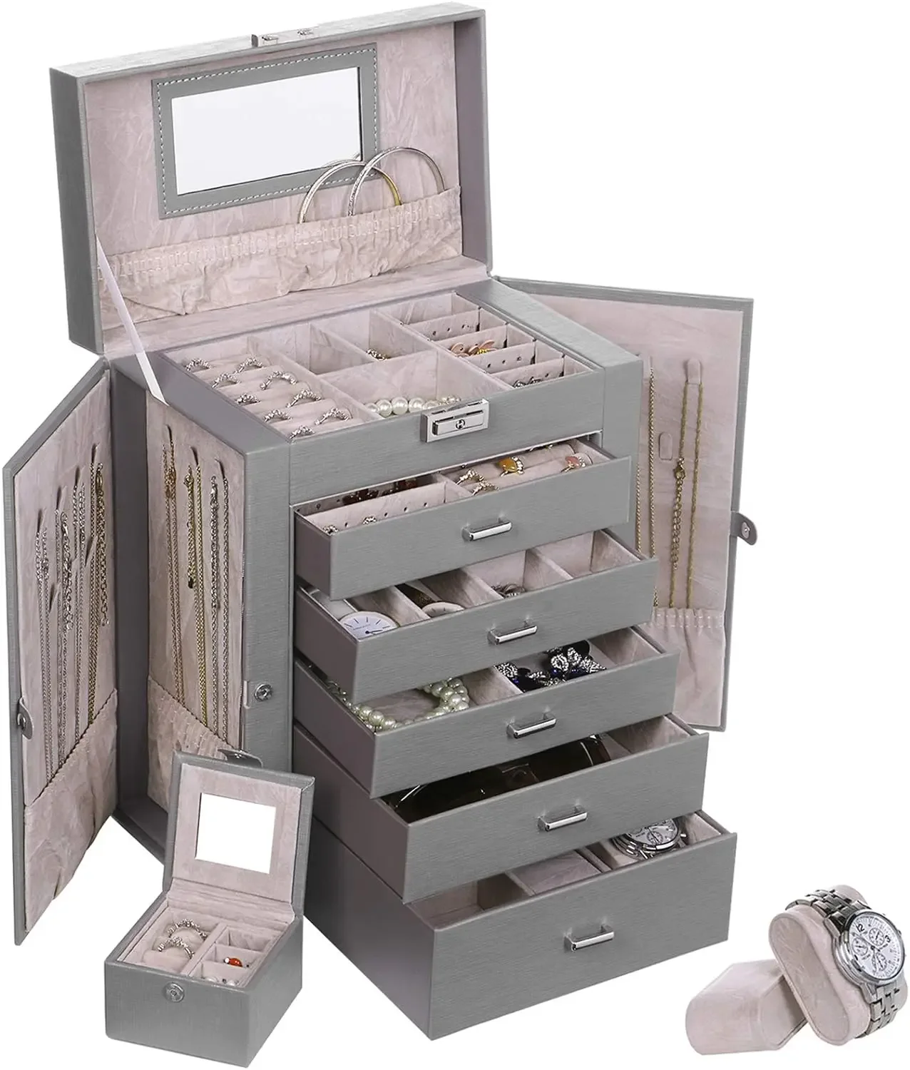 

ANWBROAD Jewelry Box Organizer 6 Tier Jewelry Box for Women Large Jewellery Display Storage Case with Lock Mirror Jewelry case