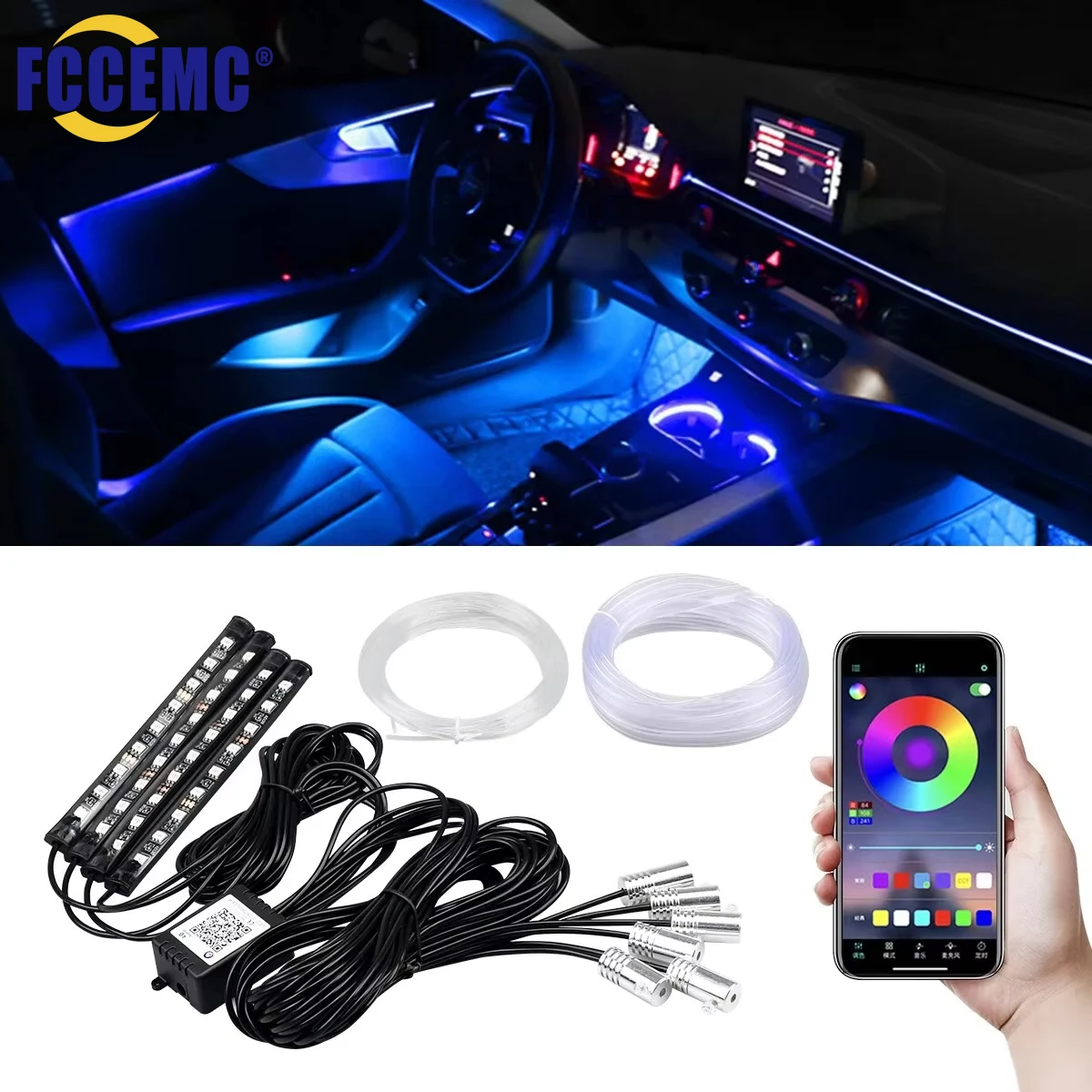 Car Interior Neon Led Ambient Light RGB Fiber Optic Kit With APP Sound Control Multiple Modes Auto Atmosphere Decorative Lamp
