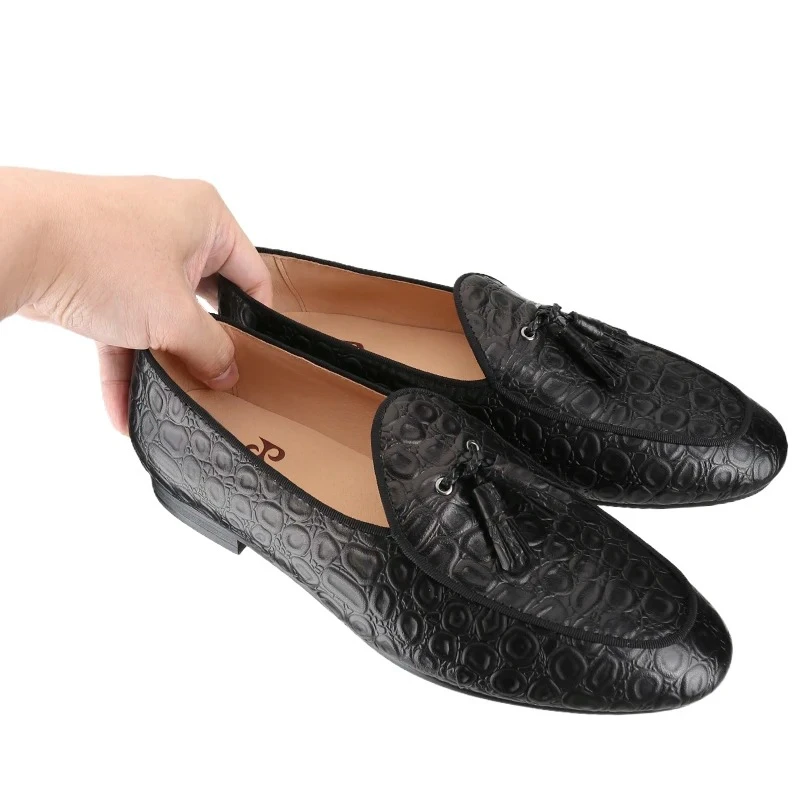 

Stone Embossed Genuine Leather Slip-On Loafers For Party And Prom Men's Slippers Shoes With Handmade Tassels Plus Size