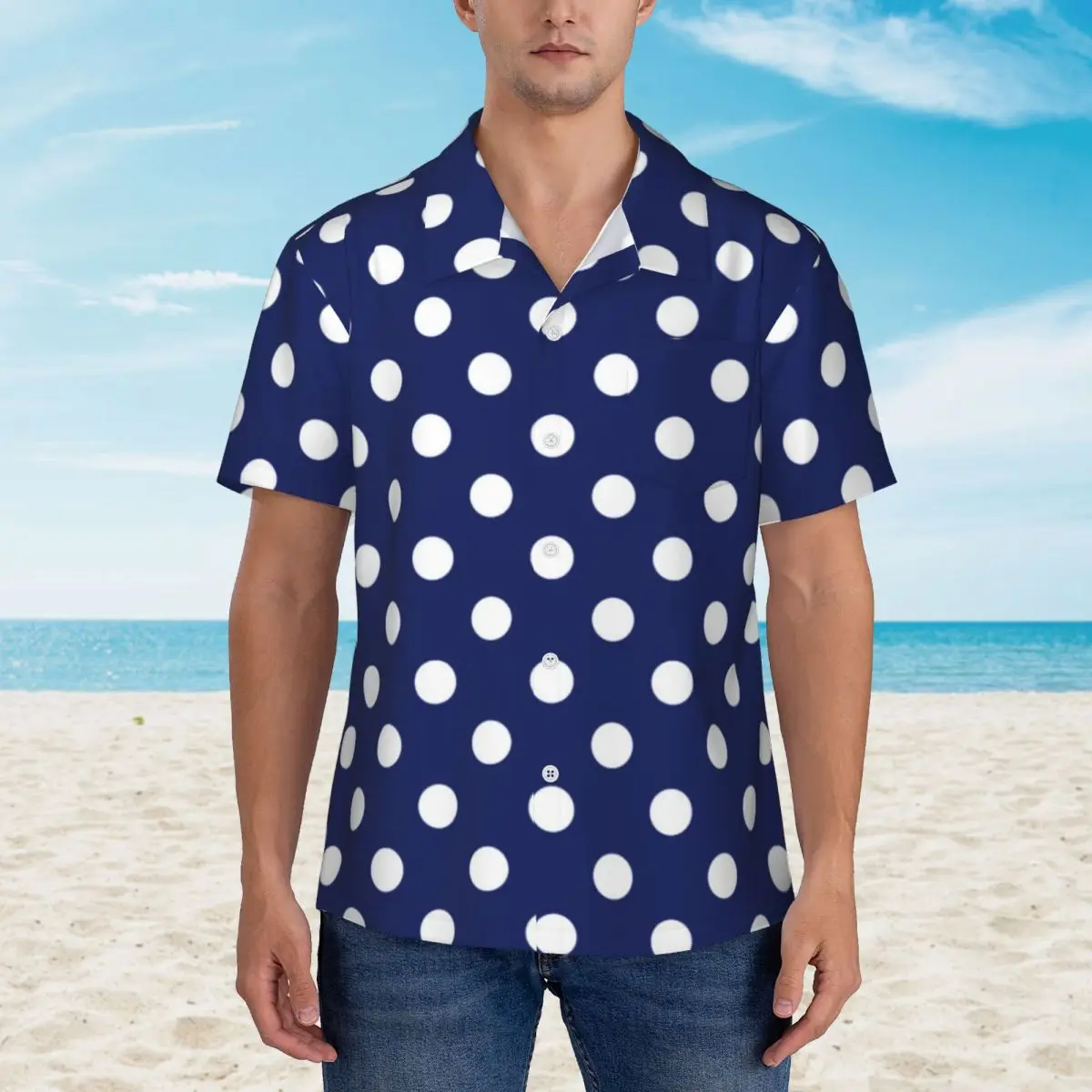 Navy Blue And White Polka Dot Vacation Shirt Trendy Polkadots Summer Casual Shirts Men Blouses Short Sleeve Stylish Design Top