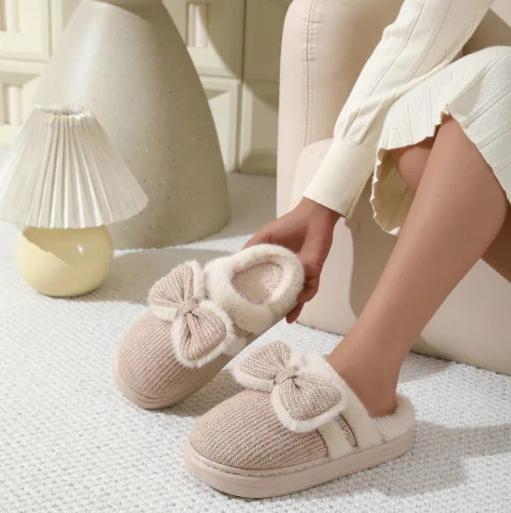 

2024 New Autumn and Winter Non-slip Indoor Bow Thick Bottom Outer Wear Home Cotton Couple Warm Plush Slippers Women