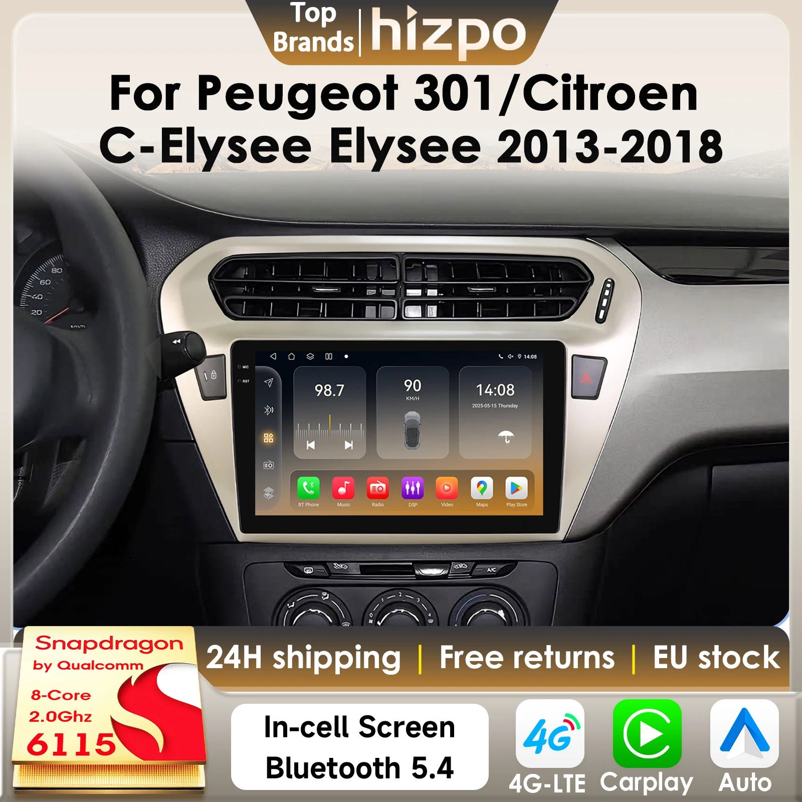 Radio samochodowe Hizpo 8G 128G 2Din Android 14 do Peugeot 301/Citroen C-Elysee Elysee 2013-2018 AI Car Multimedia GPS 4G Carplay 6115