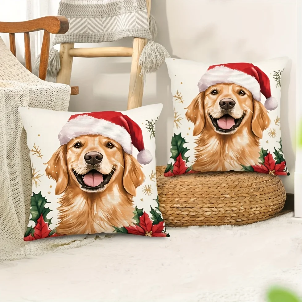 Christmas Dog Pillowcases - Festive Square Cushion Covers with Zipper, Cute Golden Retriever Design, Polyester