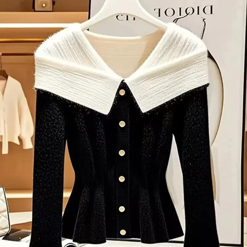 Novo outono vintage tendência topos roupas femininas design chique malha cardigan slash neck casaco fino camisola de lã macia manga longa topo