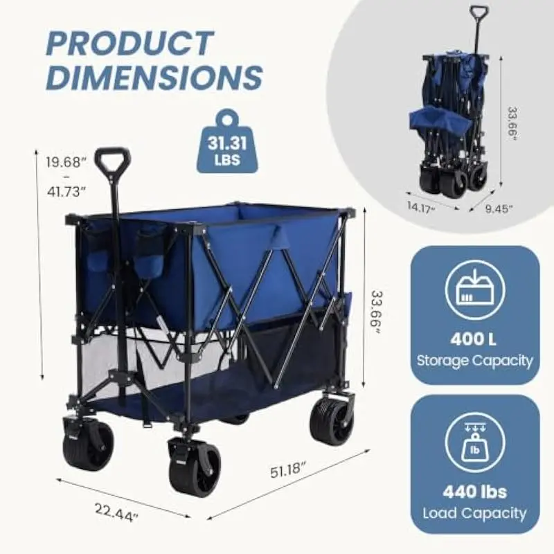 Heavy-Duty Collapsible Dual-Level Wagon | 400L Capacity | 440LB Load Limit | 7-Inch 360° Swivel Wheels | Adjustable Handle | Bui