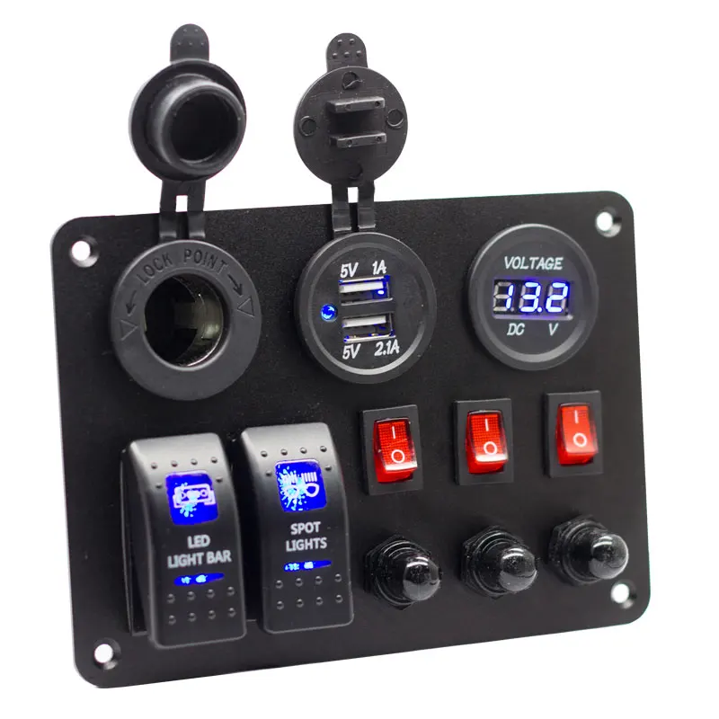 12-24V DC 15A Circuit Breaker 3.1A USB & Voltmeter Waterproof 2 Gang Rocker Switch Panel For Car/Boat/RV