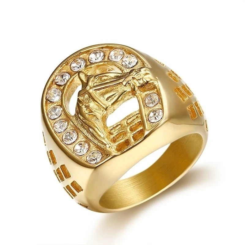 Fashionable Golden Horse Head Ring Exquisite Zircon Horseshoe Animal Horse Ring Men Hip Hop Punk Trend Jewelry Boy Gift