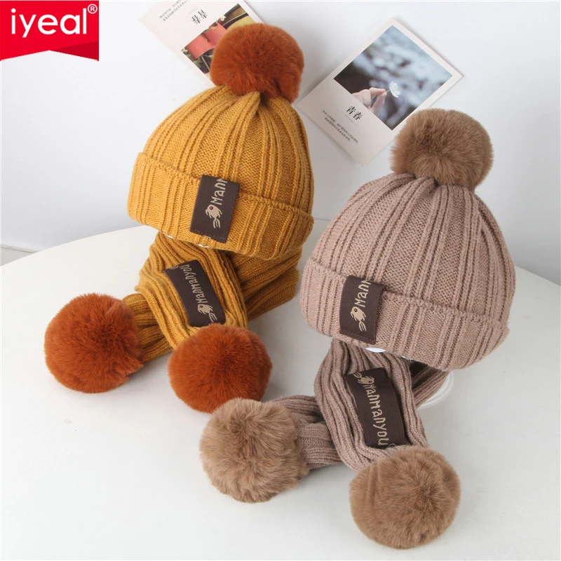 IYEAL Winter Boys And Girls Lovely Knitted Woollen Hats Children\'s Hat Scarf 2-Piece Set Baby Wool Hat Scarf Warm Thick Hat