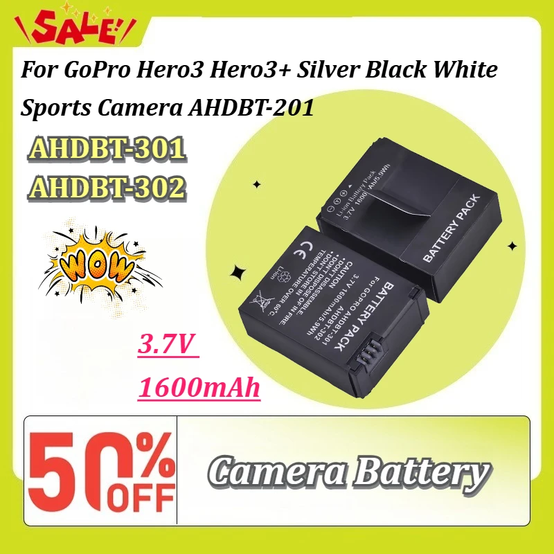 AHDBT-201 AHDBT-301 AHDBT-302 3.7V 1600mAh Rechargeable Li-ion Battery for GoPro Hero3 Hero3+ Silver Black White Sports Camera