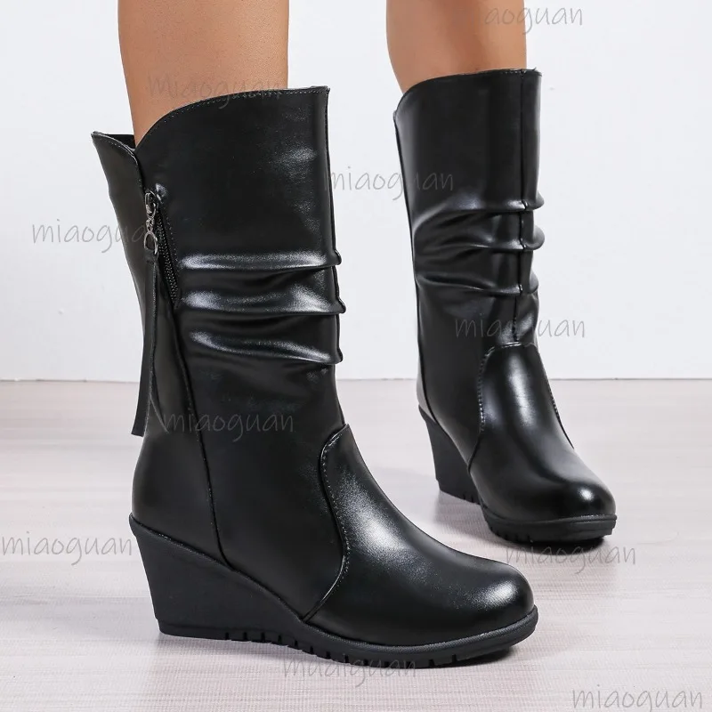 Size 35-42 Women's Black Wedges Mid-Calf Leather Side Zipper Autumn Woman Shoes Botas Mujer 2026 Trend Boots for Woman